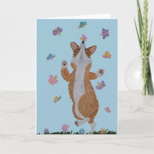 Dancing  Welsh Corgi with butterflies Card