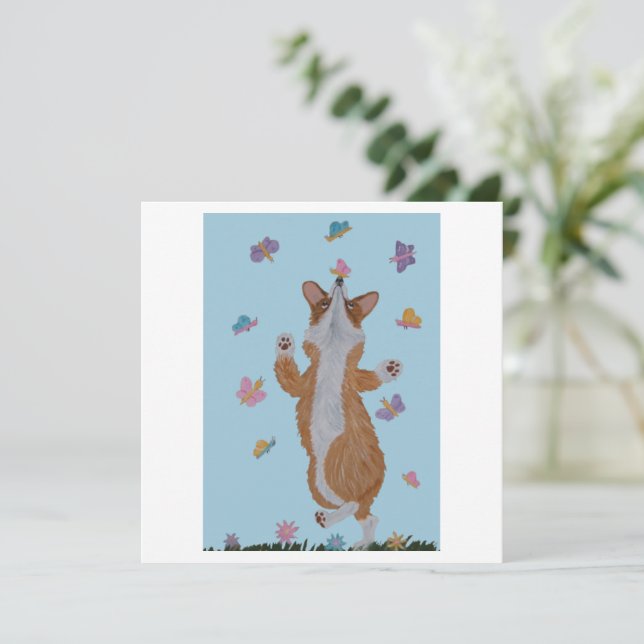 Dancing Welsh Corgi with butterflies Card (Standing Front)