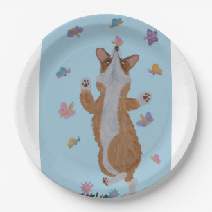 Dancing Welsh Corgi with Butterflies Paper Plate