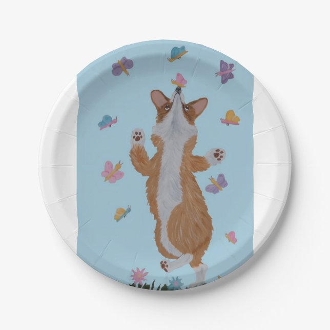 Dancing Welsh Corgi with Butterflies Paper Plate (Front)