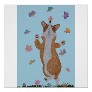 Dancing Welsh Corgi with butterflies Poster