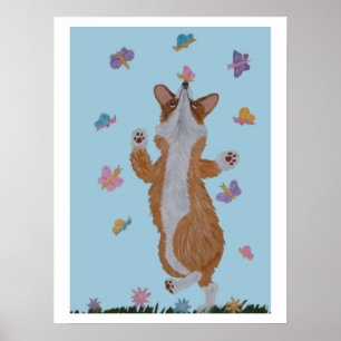 Dancing Welsh Corgi with butterflies Poster