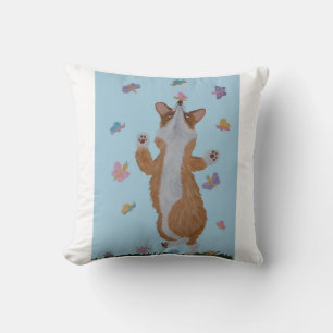 Dancing Welsh Corgi with Butterflies Throw Pillow