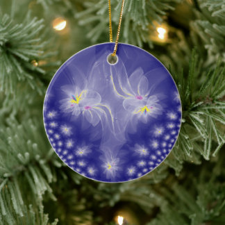 Dancing White-Gold Fractal Water Lilies Ceramic Ornament