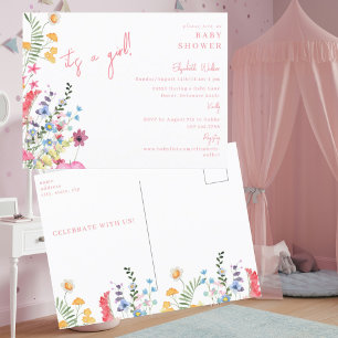 Dancing Wildflowers Pink It's a Girl Baby Shower Postcard