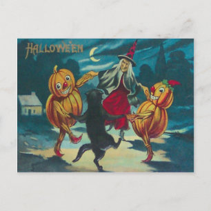 Dancing Witch Jack O' Lantern Monster Black Cat Postcard