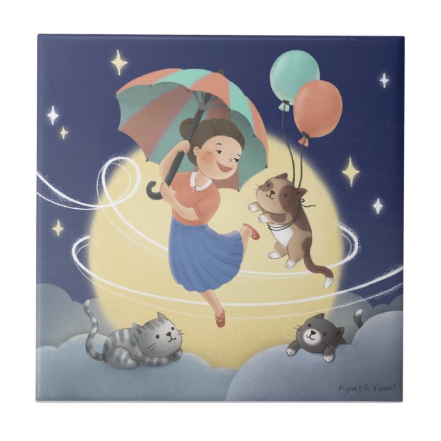 Dancing with Cats at Moonlit Night Tile (Front)