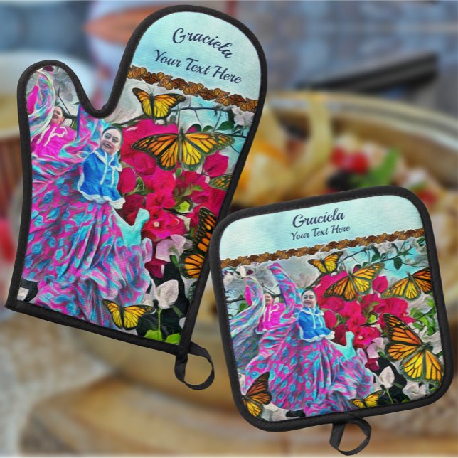 Dancing with Flowers & Butterflies PV01 Oven Mitt & Pot Holder Set (Creator Uploaded)