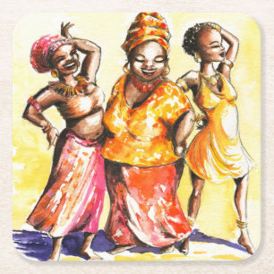 Dancing women square paper coaster