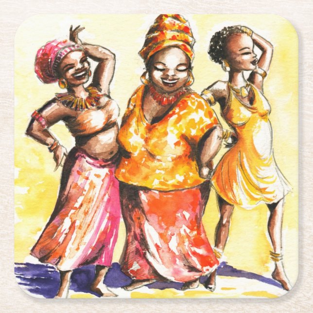 Dancing women square paper coaster (Front)