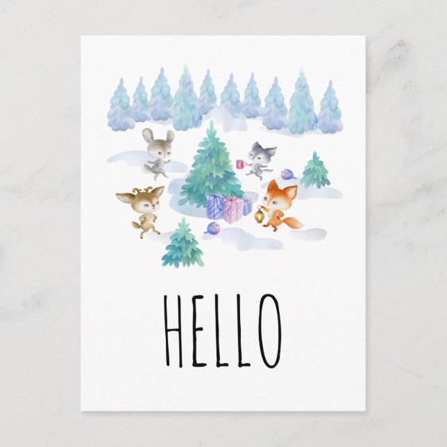 Dancing Woodland Animals Watercolor Hello Postcard (Front)