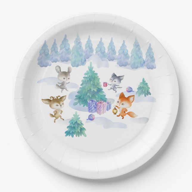 Dancing Woodland Animals Watercolor Paper Plate (Front)