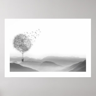 Dandelion Air Balloon Grey Mountains Mystical Poster