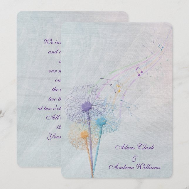 dandelion and musical notes on wedding tulle invitation (Front/Back)