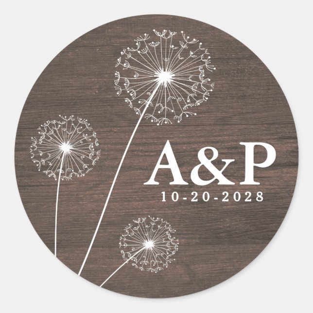 Dandelion Barn Wood Country Rustic Wedding Favours Classic Round Sticker (Front)