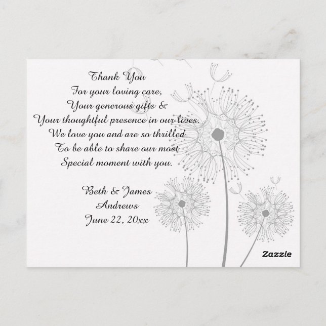 Dandelion Blossoms Vines Bridal Thank You Cards (Back)
