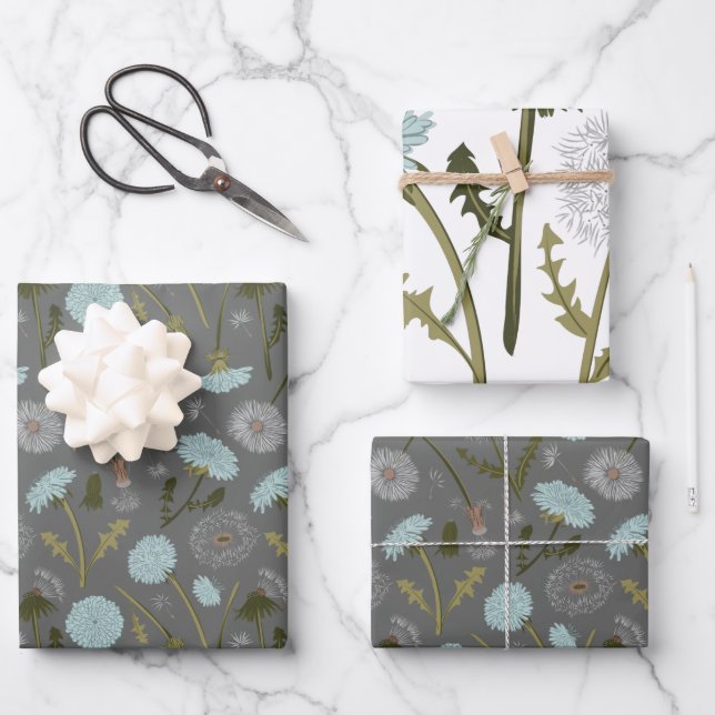 Dandelion Blue Grey Flowers Pattern Wrapping Paper Sheet (Front)