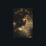 Dandelion Crown Melanin Glow Portrait Canvas Print<br><div class="desc">Golden light caresses rich brown skin, illuminating sculpted cheekbones, glossy lips, and soulful dark eyes beneath a voluminous natural afro adorned with delicate yellow dandelions and their feathery seeds. The wildflowers form an organic crown that feels alive and symbolic—growth emerging from within, fragility turned into strength, renewal woven into identity....</div>