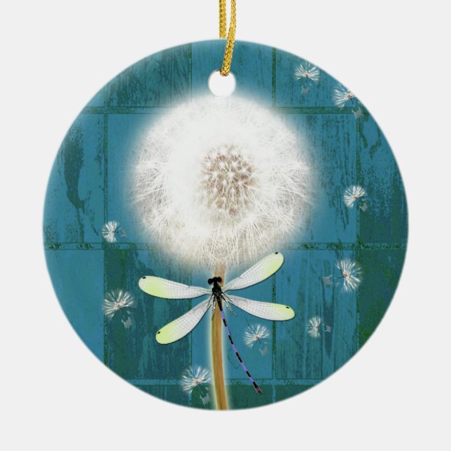 Dandelion dragonfly rustic blue barn wood ceramic ornament (Front)