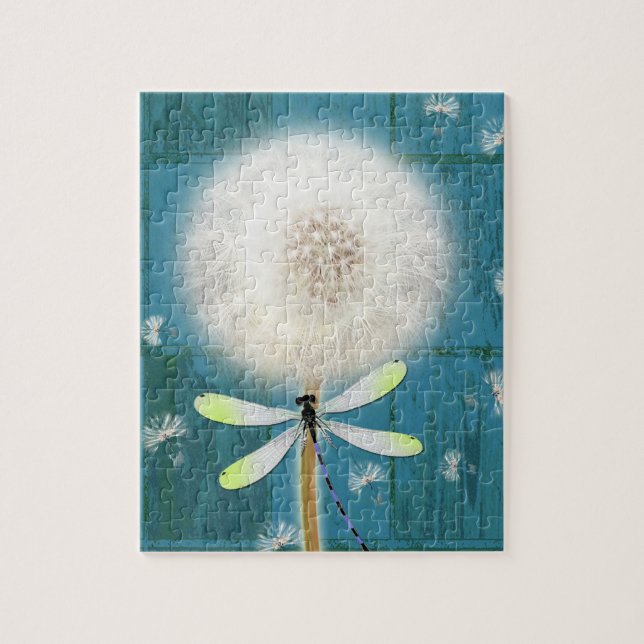 Dandelion dragonfly rustic blue barn wood jigsaw puzzle (Vertical)