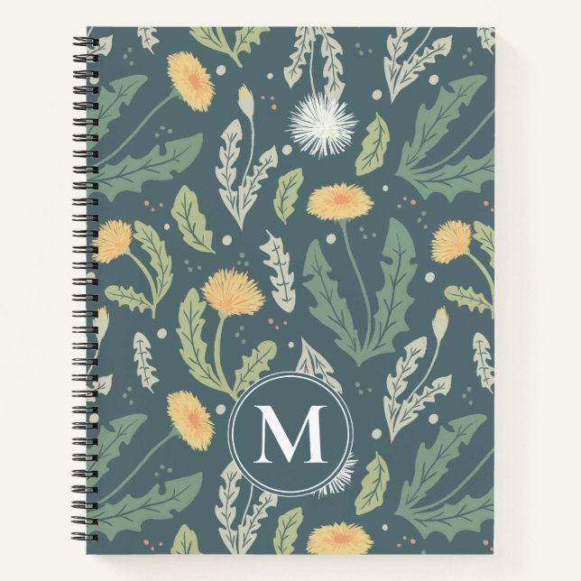 Dandelion Floral Weed Pattern & Monogram Notebook (Front)