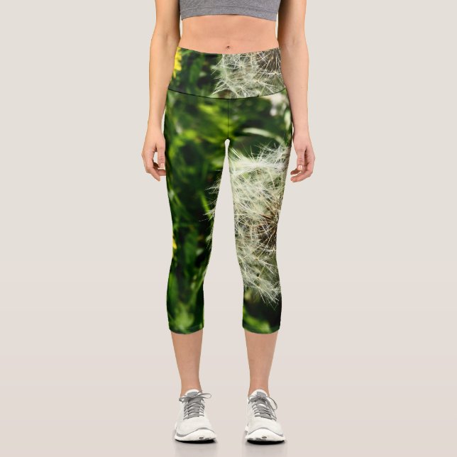 Dandelion flower and seed head capri leggings (Front)