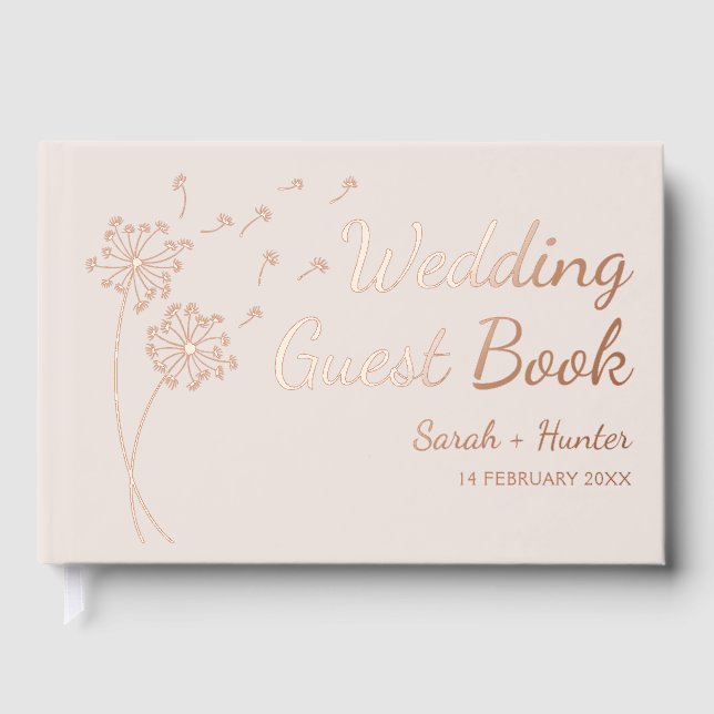 Dandelion Flower Rose Gold Foil Wedding Guest Book (Front)