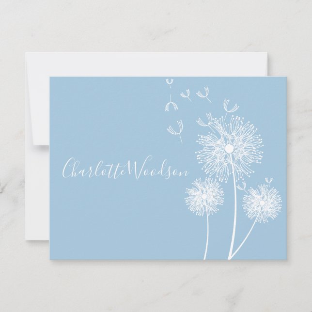 Dandelion Flowers Dusty Blue Script Name Note Card (Front)