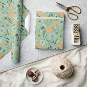 Dandelion Flowers Orange Floral Pattern Wrapping Paper