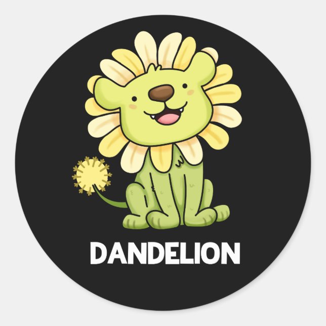 Dandelion Funny Lion Pun Dark BG Classic Round Sticker (Front)