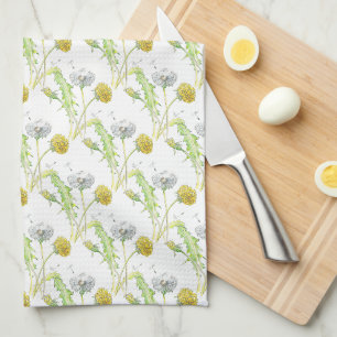 Dandelion hand painted watercolor flower leaves kitchen towel