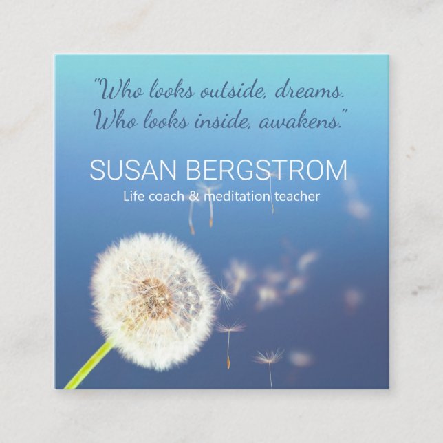 Dandelion Make a Wish blue square business card (Front)