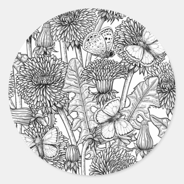Dandelion meadow in black and white classic round sticker (Front)