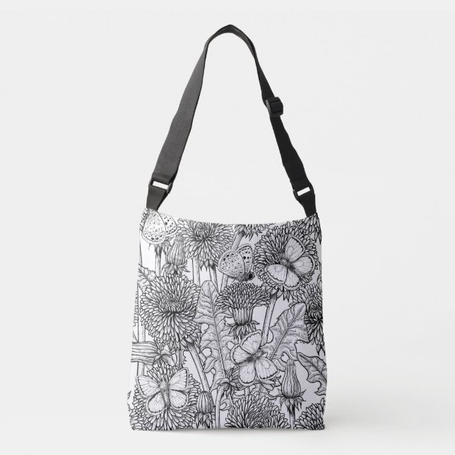 Dandelion meadow in black and white crossbody bag (Front)