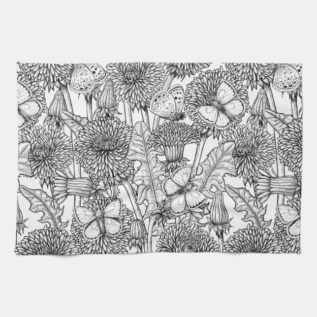 Dandelion meadow in black and white kitchen towel (Horizontal)
