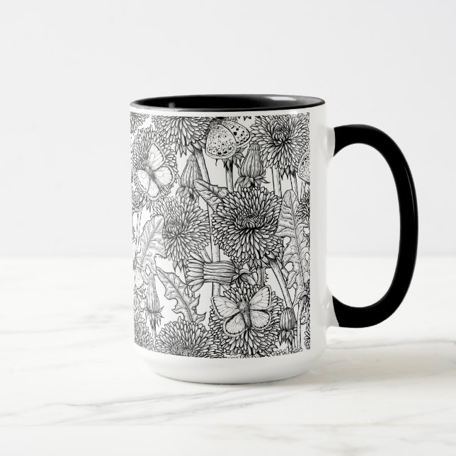Dandelion meadow in black and white mug (Right)