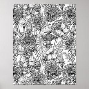 Dandelion meadow in black and white poster