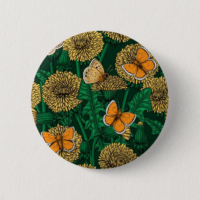 Dandelion meadow on dark green 2 inch round button (Front)