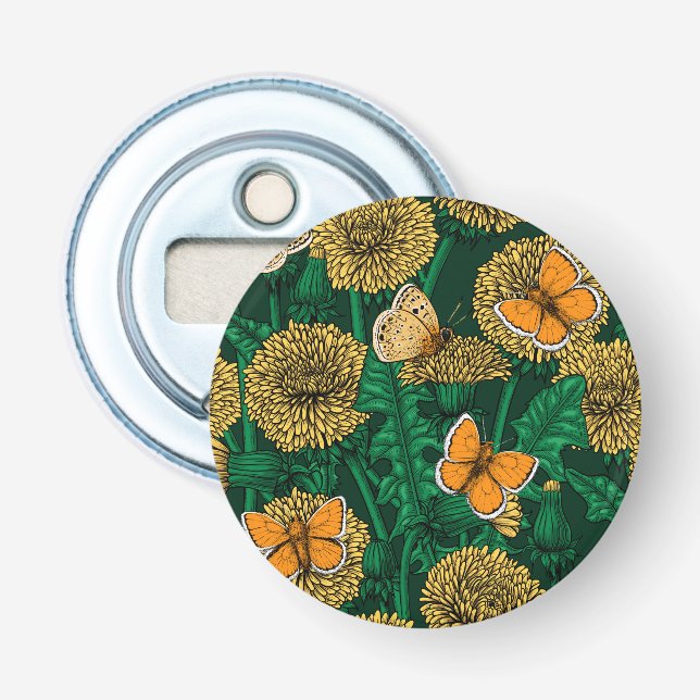 Dandelion meadow on dark green bottle opener (Front)