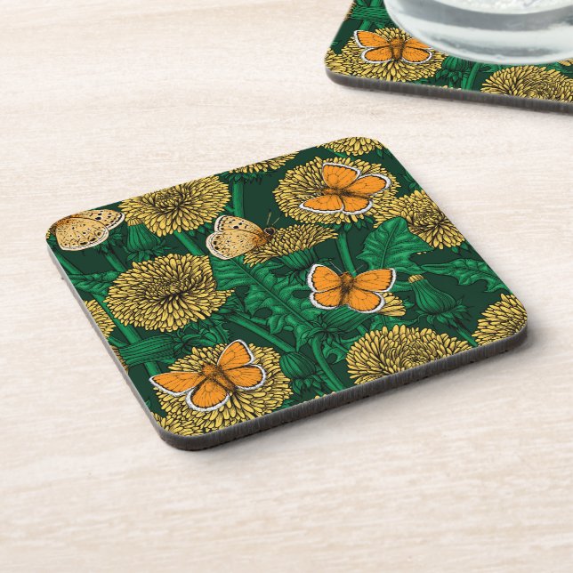 Dandelion meadow on dark green coaster (Left Side)