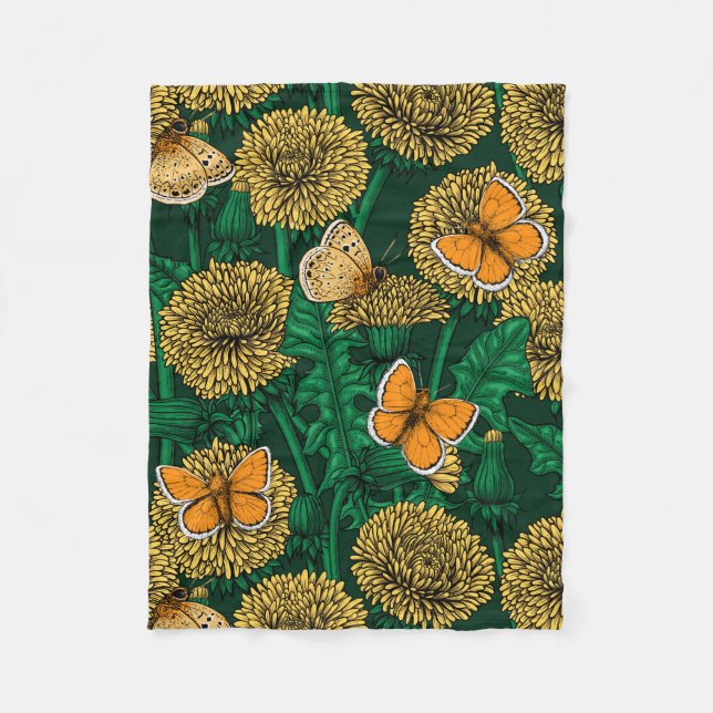 Dandelion meadow on dark green fleece blanket (Front)