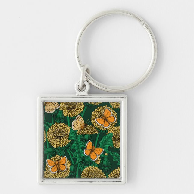 Dandelion meadow on dark green keychain (Front)