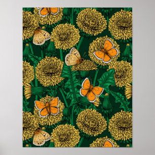 Dandelion meadow on dark green poster