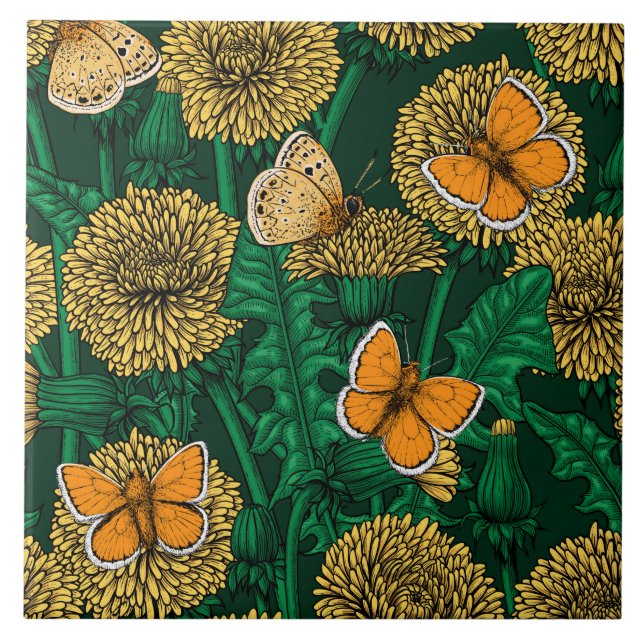 Dandelion meadow on dark green tile (Front)