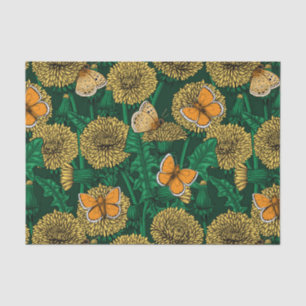 Dandelion meadow on dark green tissue paper