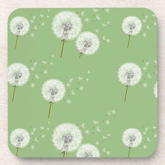Dandelion Pattern on Green Background Coaster (Front)