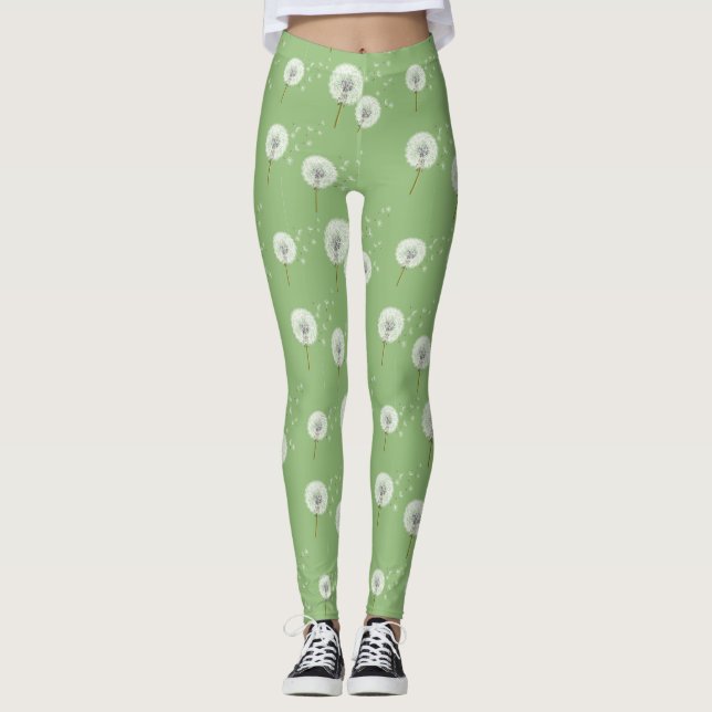 Dandelion Pattern on Green Background Leggings (Front)