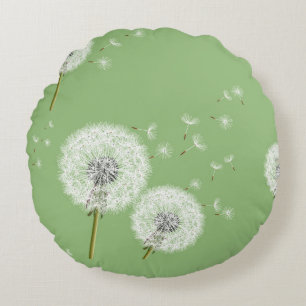 Dandelion Pattern on Green Background Round Pillow