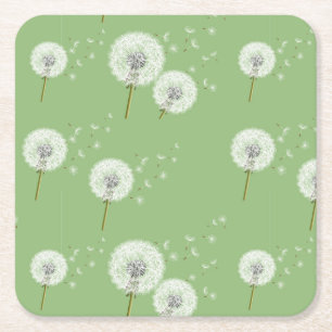 Dandelion Pattern on Green Background Square Paper Coaster
