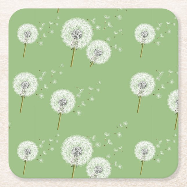 Dandelion Pattern on Green Background Square Paper Coaster (Front)